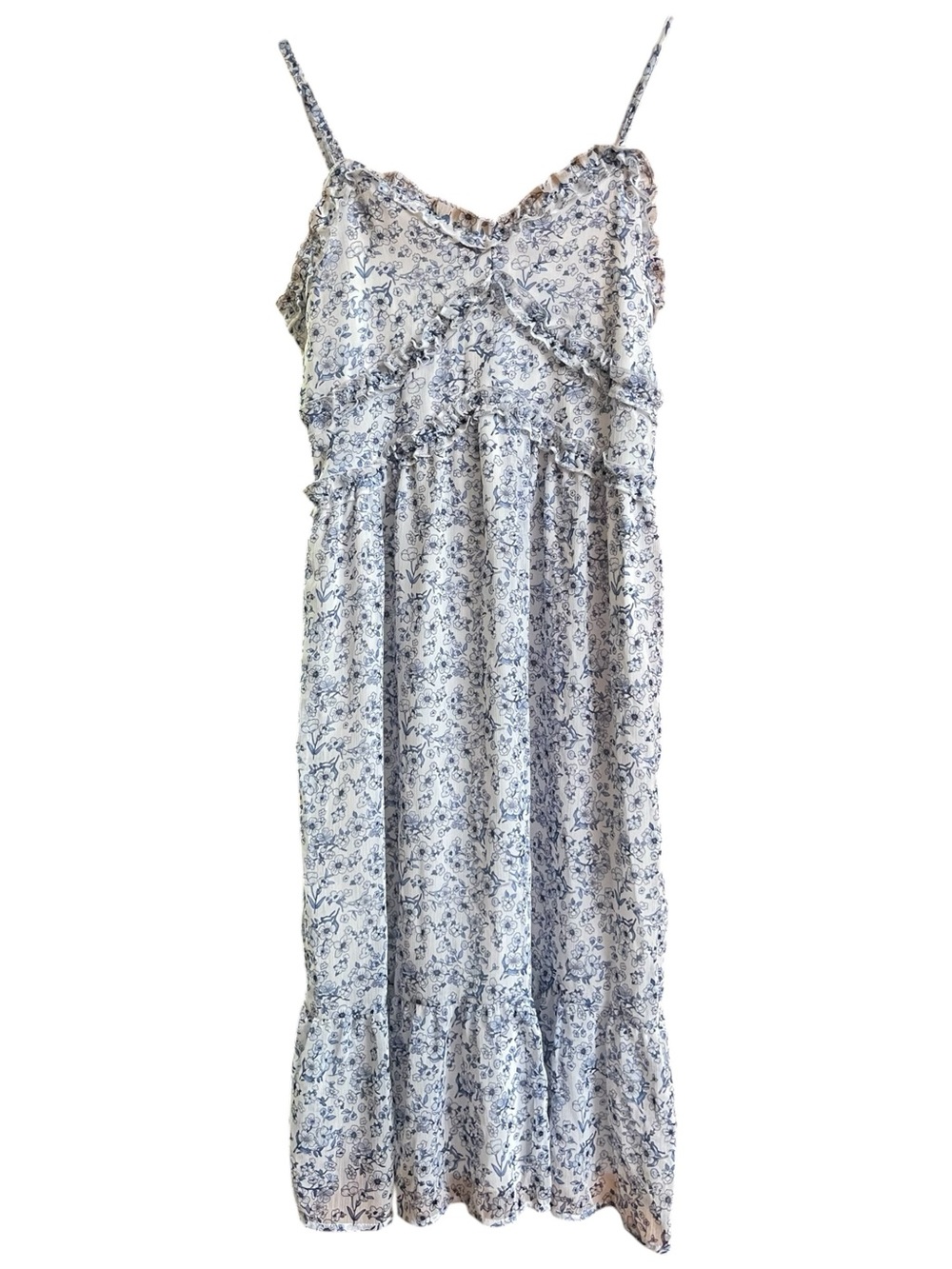Blue Floral Prairie Maxi Dress Cottagecore Ruffle Sundress Medium - Picture 2 of 6